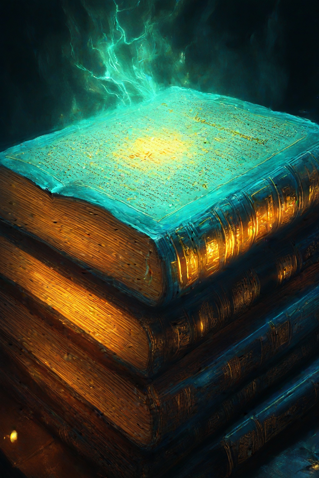 An open spellbook with glowing turquoise pages,  in the style of fantasy art,  fantasy book cover on Tensor.Art