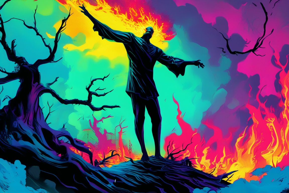 A colorful illustration of the man from hell,  with flames in his hands and legs standing on top of an island surrounded b...