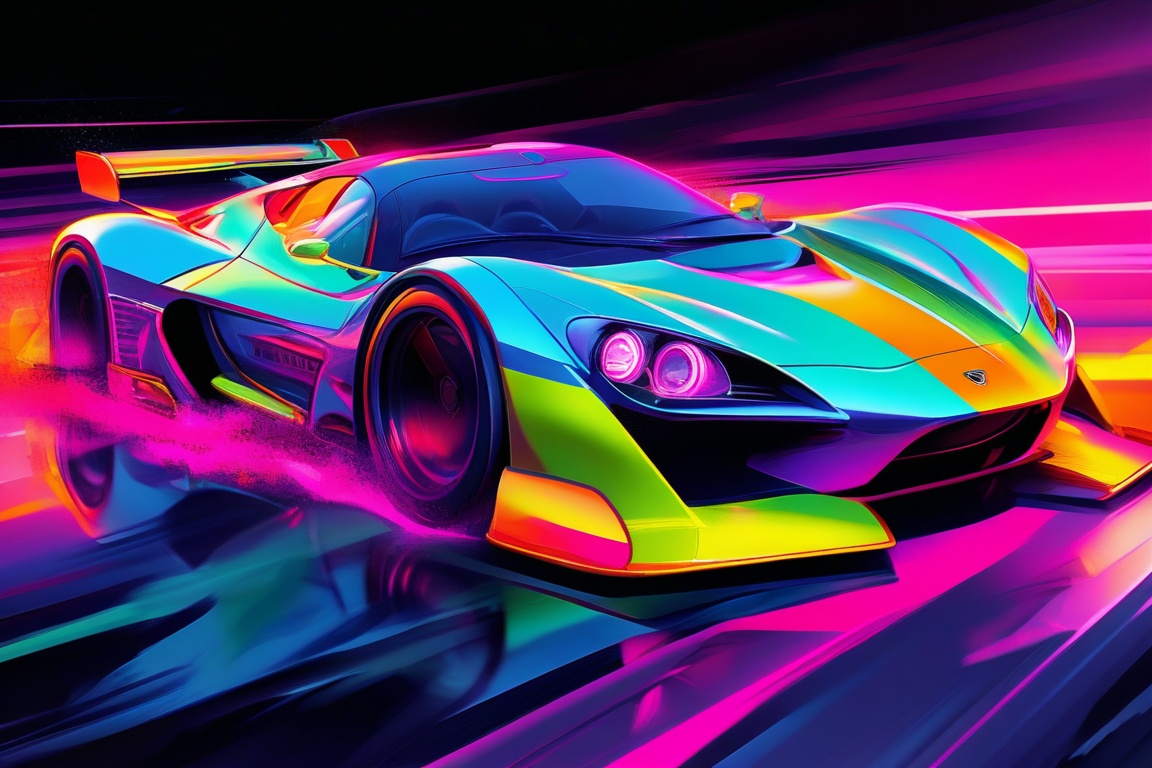 Cinematic,  vibrant car artwork for an illustration of a sports supercar in the style of digital neon art with a colorful...