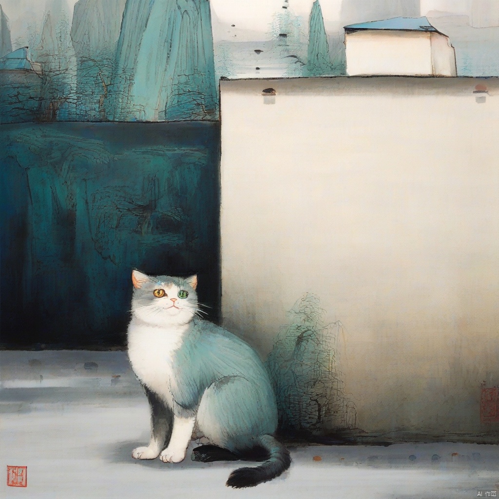 best quality, ,shuimo,Chinese painting, cat sitting wall,looking at viewer,from below,