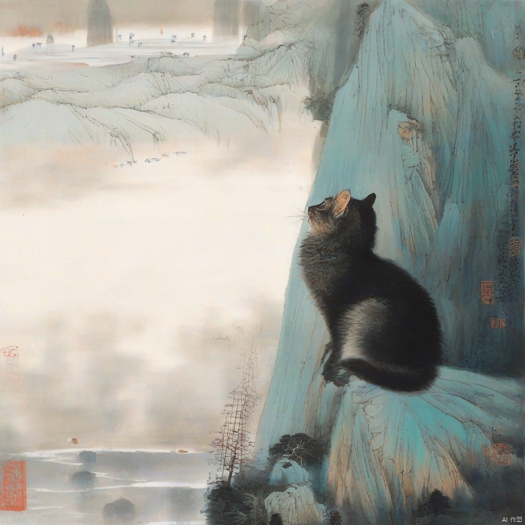 best quality, ,shuimo,Chinese painting, cat sitting wall,looking at viewer,from below,