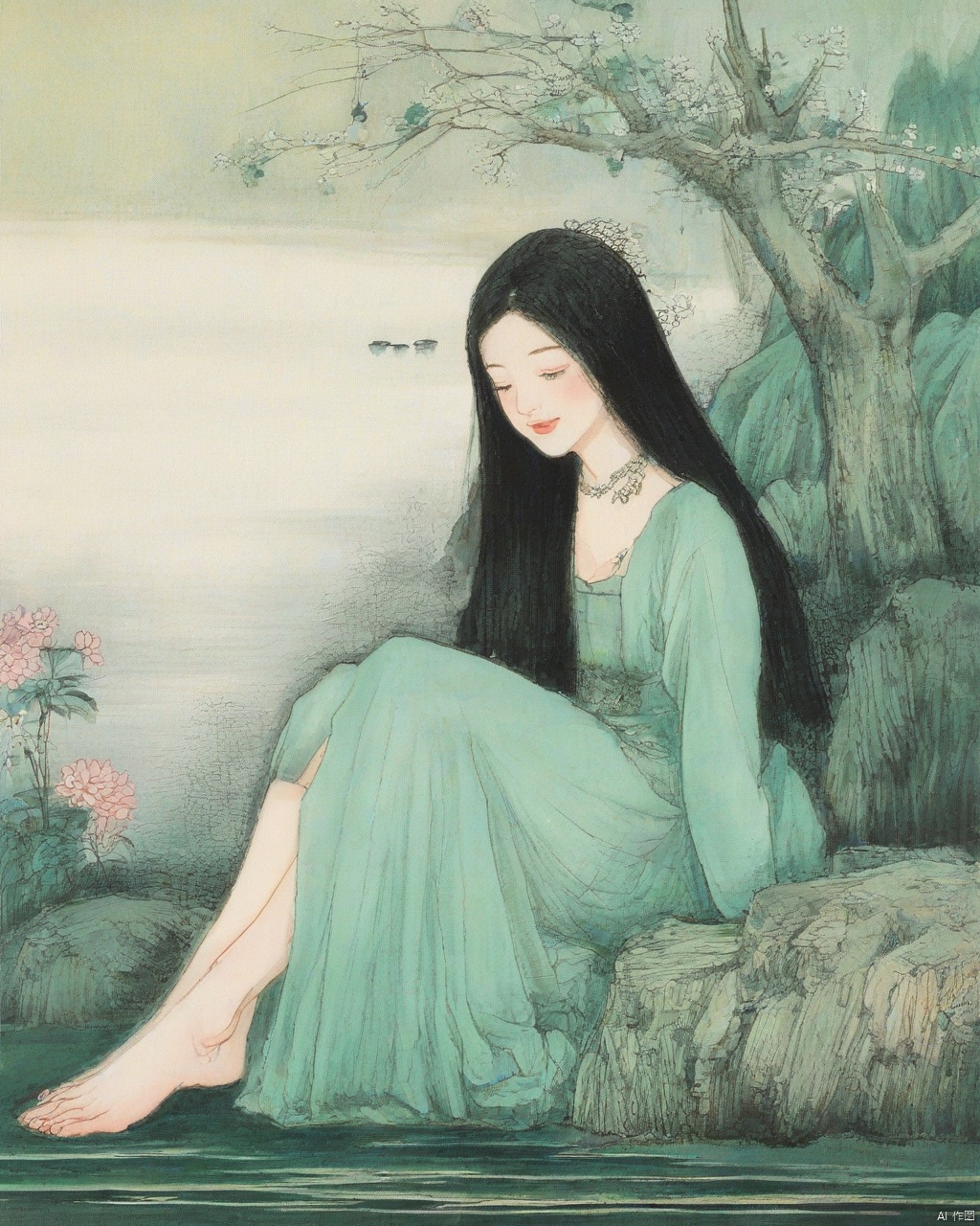 best quality, ,shuimo,Chinese painting, a girl, solo, black hair, jewelry, black long hair, green dress, flowers, bangs, upper body, hair gel, collarbone, midchest, hair accessories, long sleeves, pink powder blusher, sitting by the lake, a shallow smile, raising a foot from the water, perfect foot,