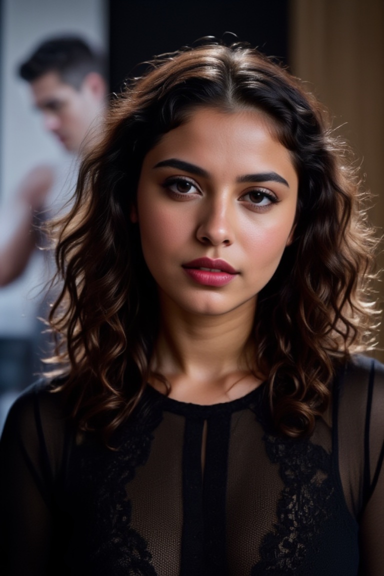 A young woman stands confidently against a movie poster backdrop,  her gaze directed straight at the camera,  exuding an a...