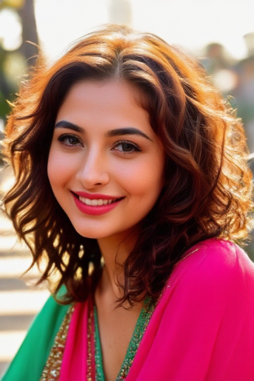 A vibrant close-up shot of the stunning 20-year-old model,  face aglow under soft diffused lighting. Her radiant beauty sh...