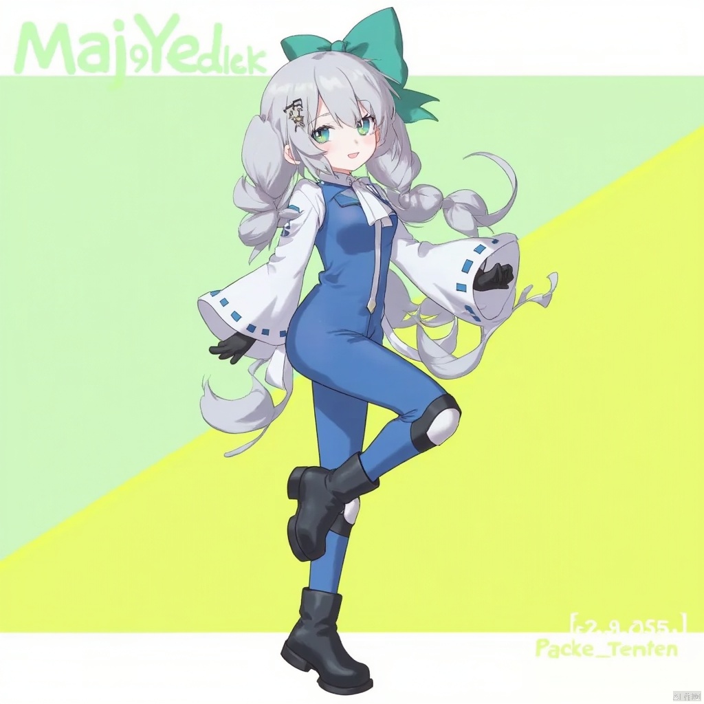 1girl, yajiang

twintails, green bow, elden ring (object), character name, standing on one leg, transparent background, boots, long hair, yellow eyes, blue jumpsuit, low twintails, grey hair, standing, :d, yellow background, two-tone background, hair bow, black footwear, hair between eyes, braid, gloves, long sleeves, twin braids, very long hair, looking at viewer, blue eyes, knee pads, green background, jumpsuit, grey jumpsuit, blush, bow, grey gloves, smile, white bow, solo, full body, open mouth, wide sleeves,

masterpiece, newest, absurdres, safe,