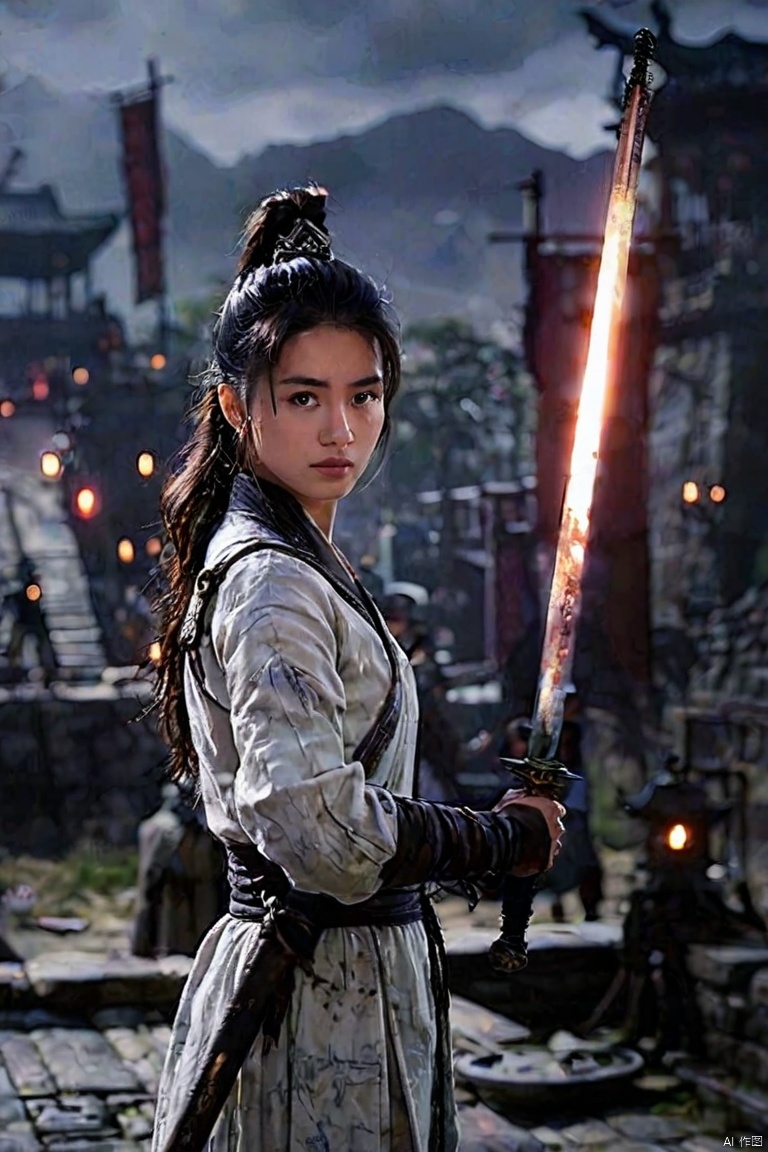 Opera style,一位中国古代青年女性侠客（18岁）手握一把发光的长剑正在战斗,明亮的大眼睛,纯白色衣服,头发和衣服飘起,勇敢的表情,站着古代城墙上,夜晚,真实照片,强对比度,电影光效,超高清晰度,丰富细节,,3A