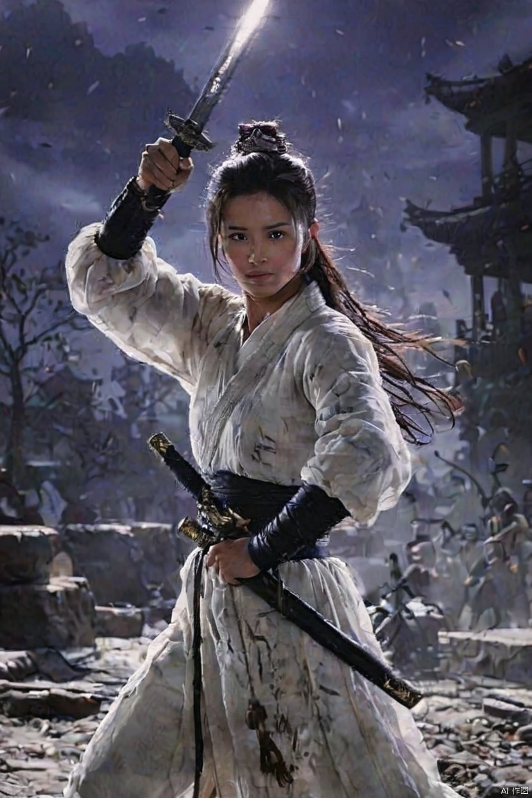 Opera style,一位中国古代青年女性侠客（18岁）手握一把发光的长剑正在战斗,明亮的大眼睛,纯白色衣服,头发和衣服飘起,勇敢的表情,站着古代城墙上,夜晚,真实照片,强对比度,电影光效,超高清晰度,丰富细节,,3A