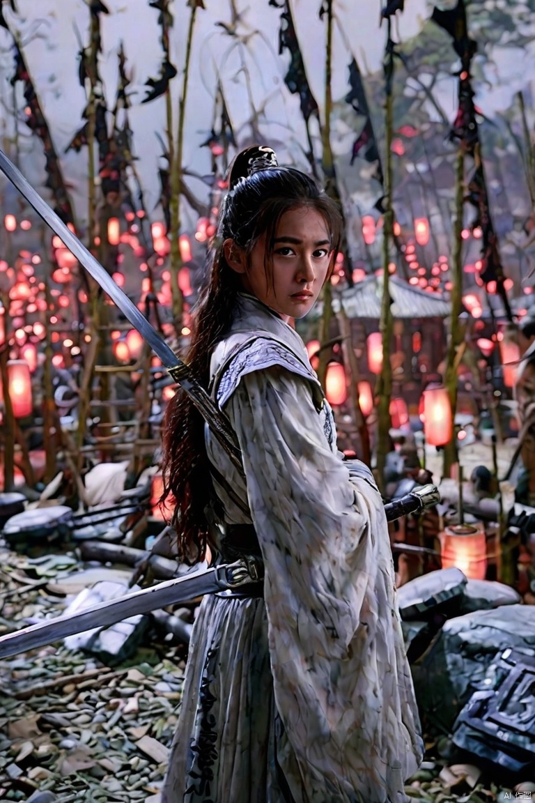 A young Chinese warrior maiden, 18 years old, stands proudly on ancient city walls at night, her radiant eyes shining like stars. She wields a glowing longsword, its luminescent blade slicing through the darkness. Her snowy-white attire flows in the wind, framing her fearless expression. The city's stone architecture rises behind her, bathed in a warm, cinematic glow. The camera captures every detail with stunning clarity, as if frozen in time.3A