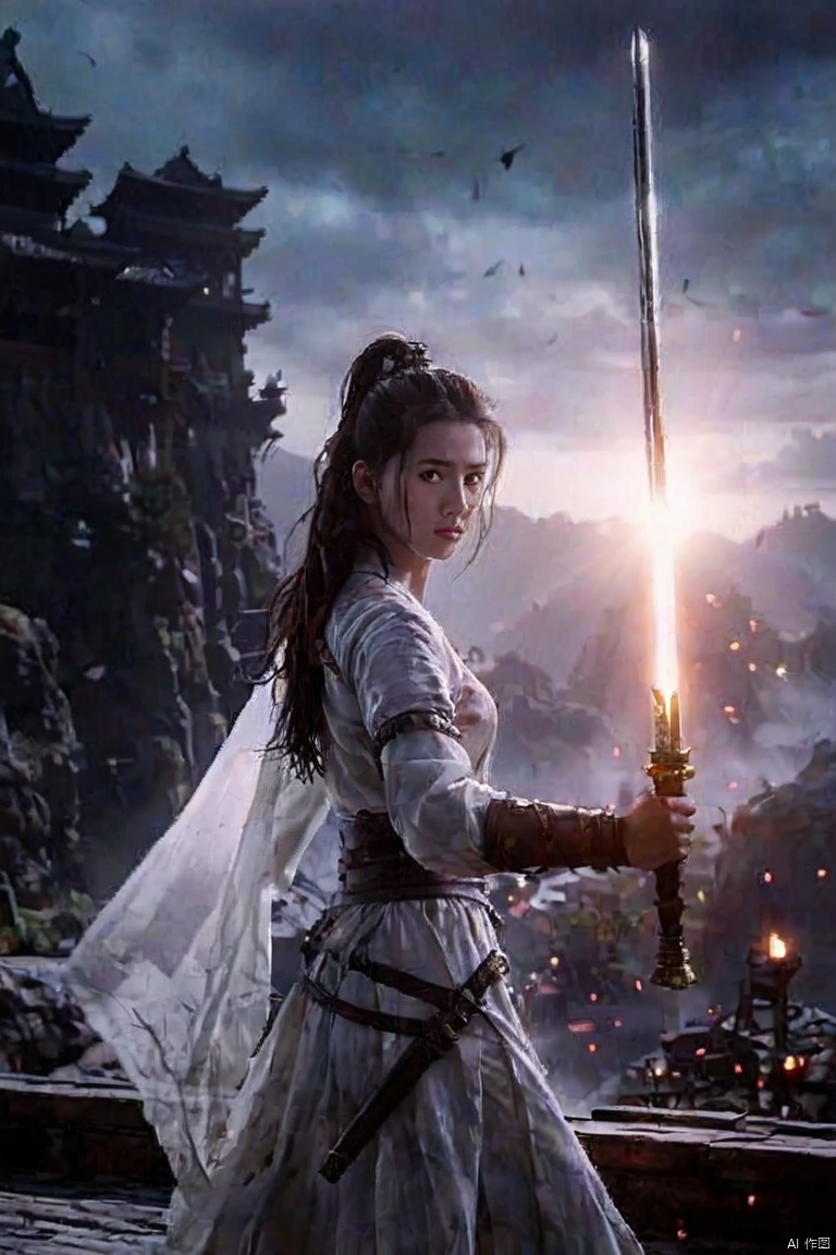 Opera style,一位中国古代青年女性侠客（18岁）手握一把发光的长剑正在战斗,明亮的大眼睛,纯白色衣服,头发和衣服飘起,勇敢的表情,站着古代城墙上,夜晚,真实照片,强对比度,电影光效,超高清晰度,丰富细节,,3A