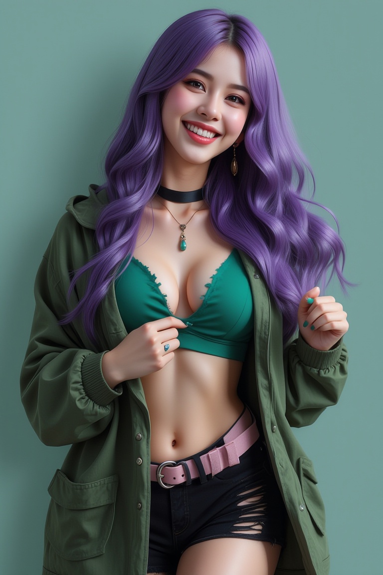 Generate hyper realistic image of a Taiwanese woman with long,  flowing purple hair and striking blue eyes,  smiling softl...