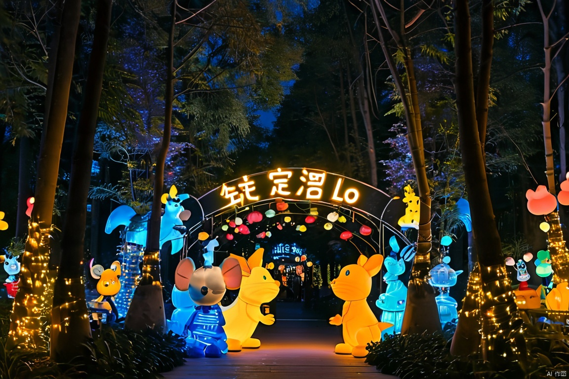 The image presents an outdoor nighttime scene centered around a decorative entrance that reads "铁定溜溜" in neon green letters. The entrance is adorned with various light sources, including blue and yellow lights forming the shapes of cartoon characters. These characters are whimsical and appear to be part of a theme park or similar entertainment venue. The characters include a mouse-like figure and a dog-like figure among others. The backdrop is a natural one, with trees and foliage, suggesting that this entrance is located in a park-like setting. The overall impression is one of festivity and entertainment.