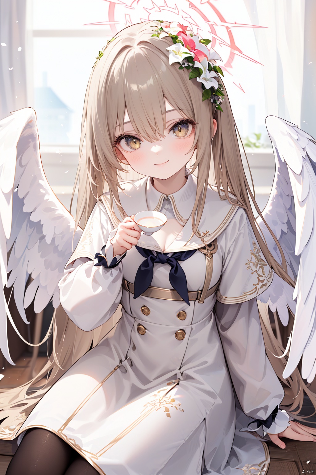  nai3, 11girl,solo,(masterpiece:1.3),( beautiful:1.2),(high quality:1.2),(finely detailed:1.2),extremely detailed CG unity 8k wallpaper,best quality,a very delicate and beautiful,perfect fingers,(one cute girl at the center:1.2),1girl, solo, long hair, looking at viewer, blush, smile, bangs, hair ornament, long sleeves, dress, holding, hair between eyes, sitting, very long hair, closed mouth, yellow eyes, flower, pantyhose, wings, hair flower, white dress, cup, neckerchief, black pantyhose, capelet, halo, light brown hair, holding cup, feathered wings, teacup, angel wings, white wings, tea, white capelet, black neckerchief, saucer, holding saucer,nagisaBA