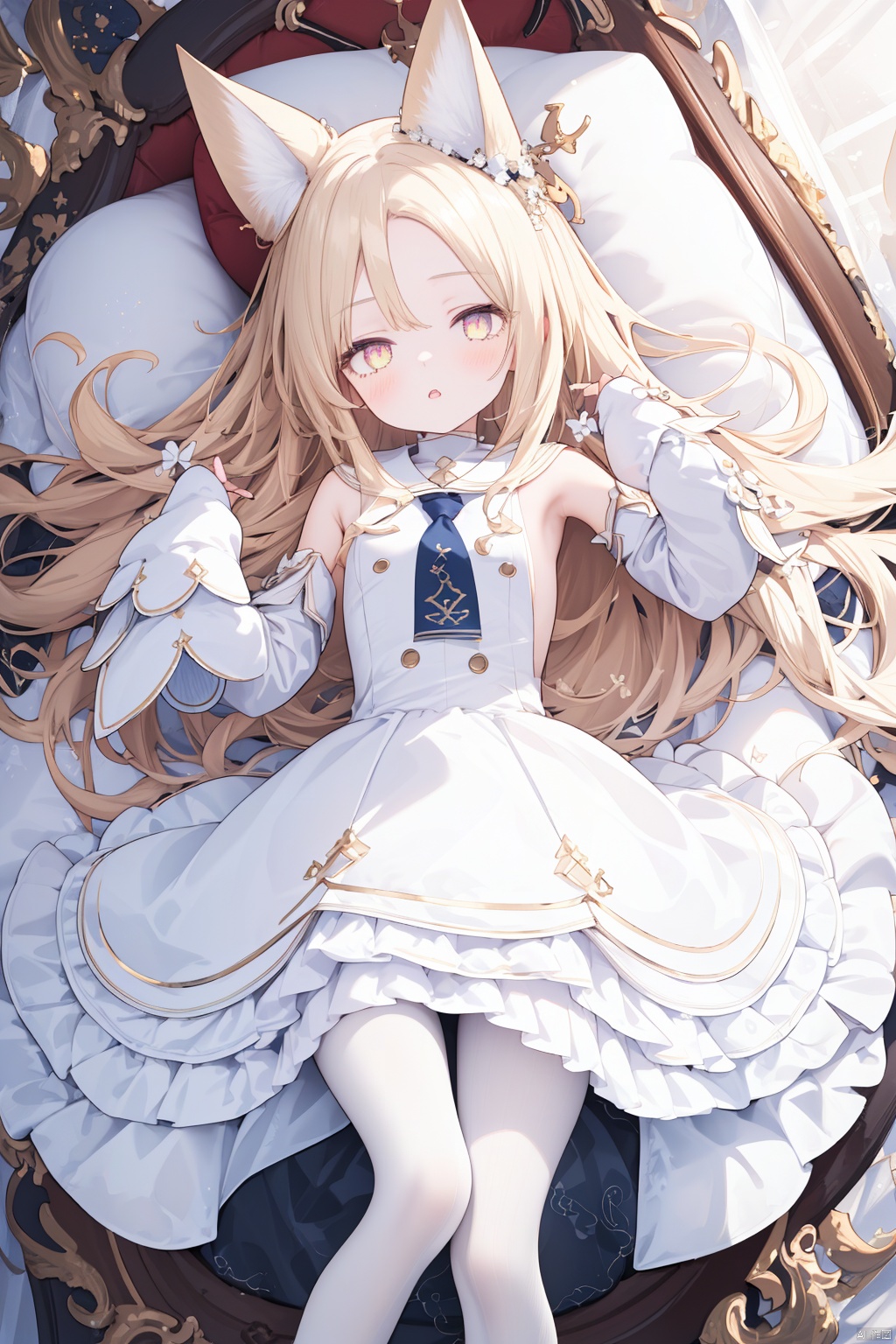  nai3, 11girl,solo,(masterpiece:1.3),( beautiful:1.2),(high quality:1.2),(finely detailed:1.2),extremely detailed CG unity 8k wallpaper,best quality,a very delicate and beautiful,perfect fingers,(one cute girl at the center:1.2),1girl, solo, long hair, looking at viewer, blush, bangs, blonde hair, hair ornament, long sleeves, dress, bow, animal ears, very long hair, yellow eyes, flower, pantyhose, lying, frills, parted lips, necktie, sailor collar, white dress, animal ear fluff, sleeves past wrists, parted bangs, fox ears, halo, frilled dress, forehead, sleeves past fingers, white pantyhose, seiaBA