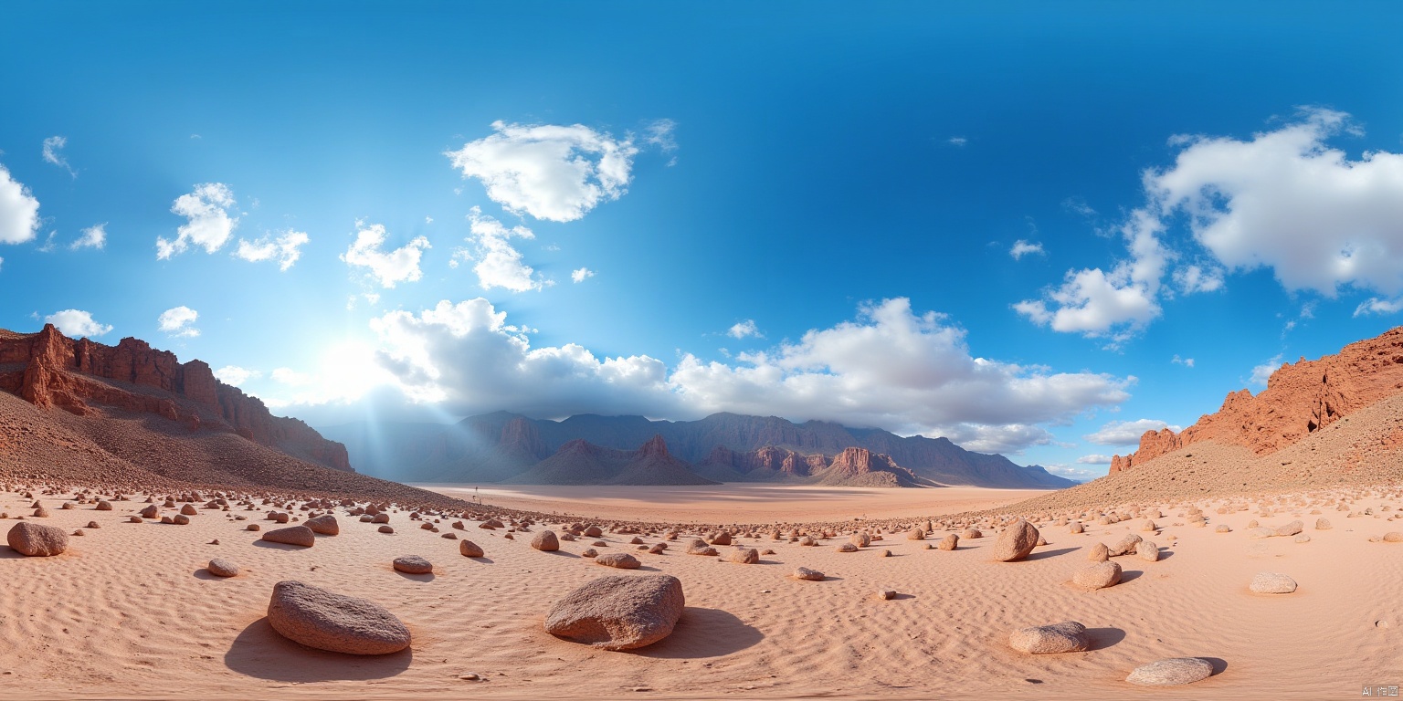 360,360panorama,Blue sky and white clouds, with bright colors,Sony camera shooting
desert landscape with mountains in the background. The sky is blue with some clouds. The desert is sandy with some rocks scattered around. The mountains are rocky and have some fog around them. The image is in a realistic style and is sharp. 