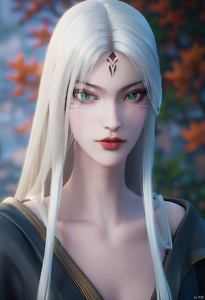 score_9_up,score_8_up,score_7_up,xiaobai,1girl, solo, long hair, looking at viewer, green eyes, collarbone, upper body, white hair, male focus, blurry, lips, makeup, blurry background, facial mark, robe, forehead mark, red lips