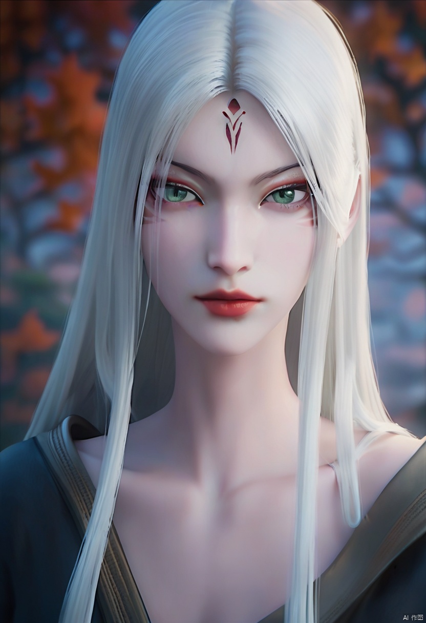 score_9_up,score_8_up,score_7_up,xiaobai,1girl, solo, long hair, looking at viewer, green eyes, collarbone, upper body, white hair, male focus, blurry, lips, makeup, blurry background, facial mark, robe, forehead mark, red lips
