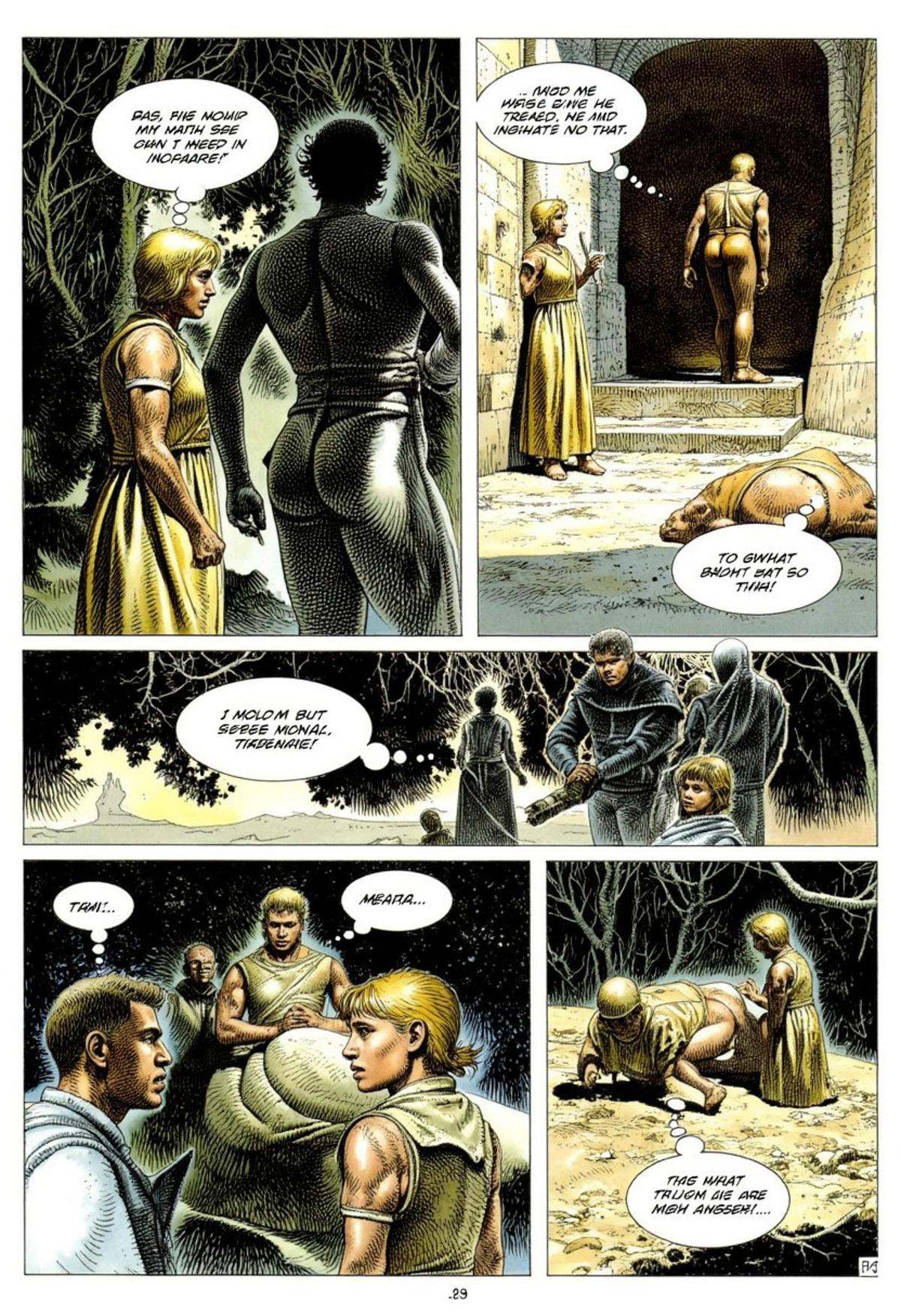 Comic panels illustrated by Serpieri,  dark,  muted colors on Tensor.Art