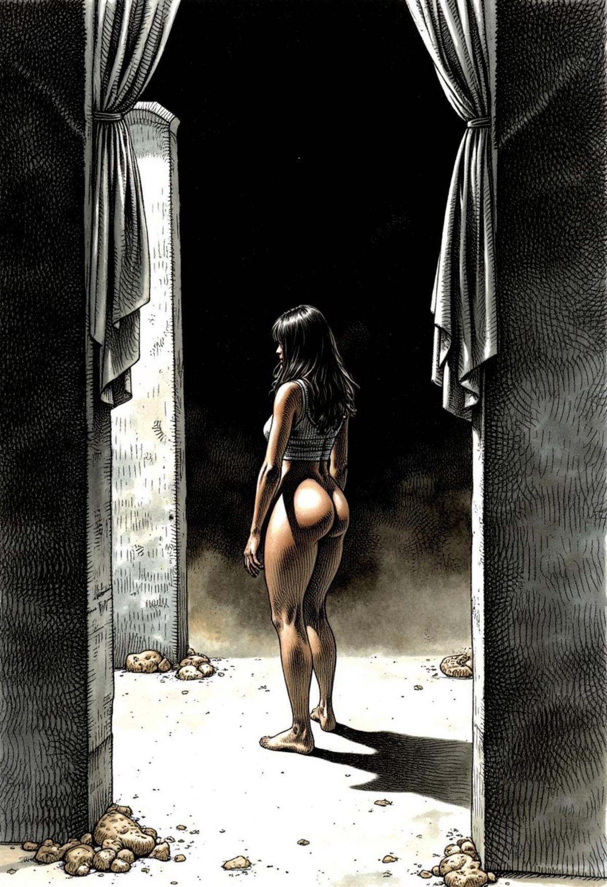 an illustration of a woman by Serpieri,  the woman is standing in a room with concrete walls and hanging curtains,  dark b...