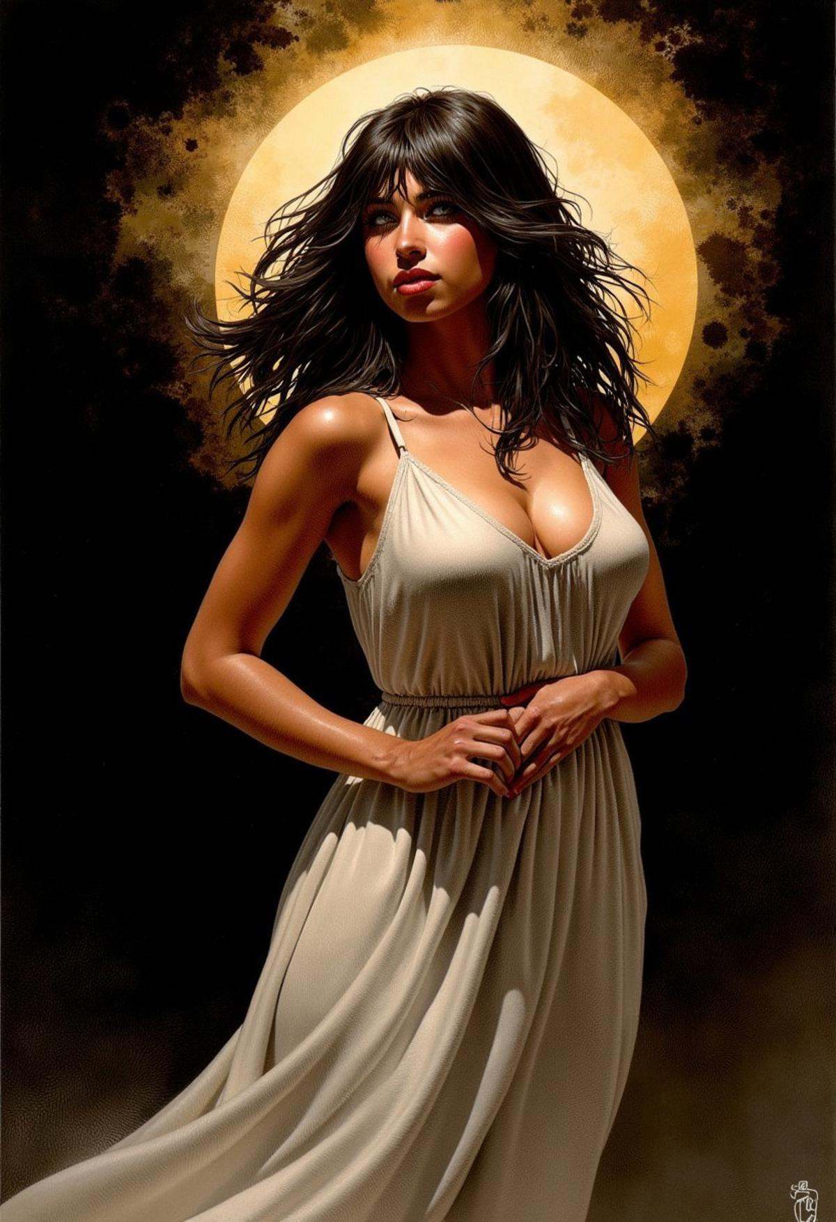 an illustration of a woman by Serpieri,  dark background,  halo effect on Tensor.Art