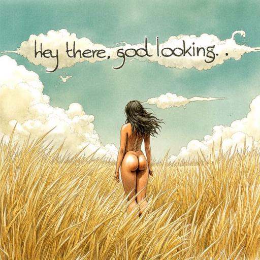 illustration of a vast otherworldly landscape by Serpieri,  a nude woman stands amidst grass waving in the wind,  clouds i...