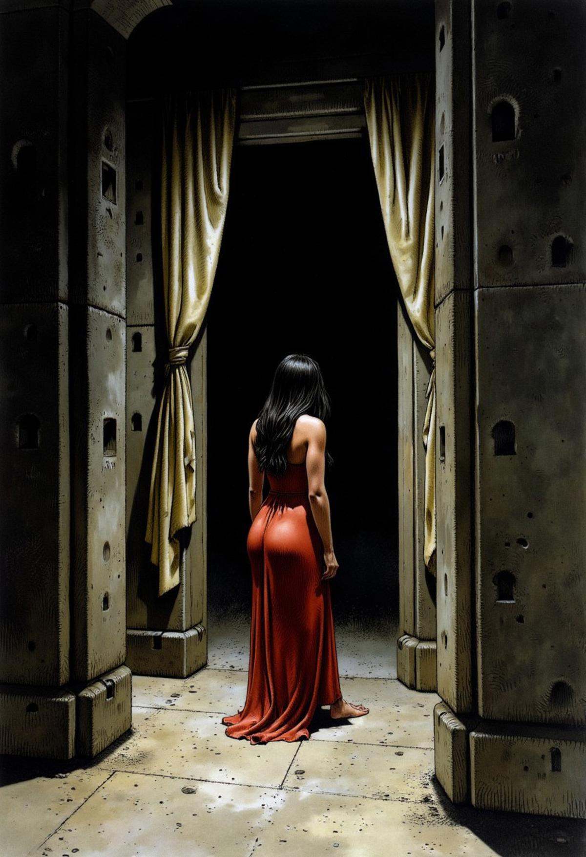 an illustration of a woman by Serpieri,  the woman is standing in a room with concrete walls and hanging curtains,  dark b...