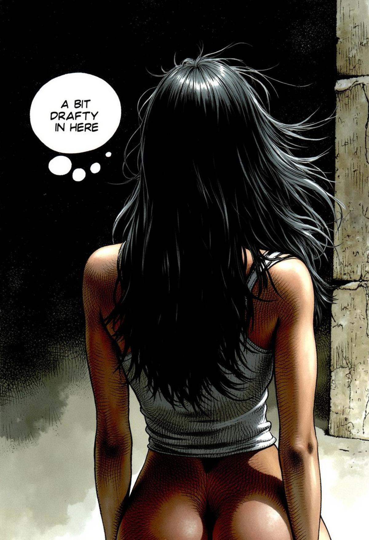 an illustration of a woman from behind,  illustration by Serpieri,  the woman has windblown black hair on Tensor.Art