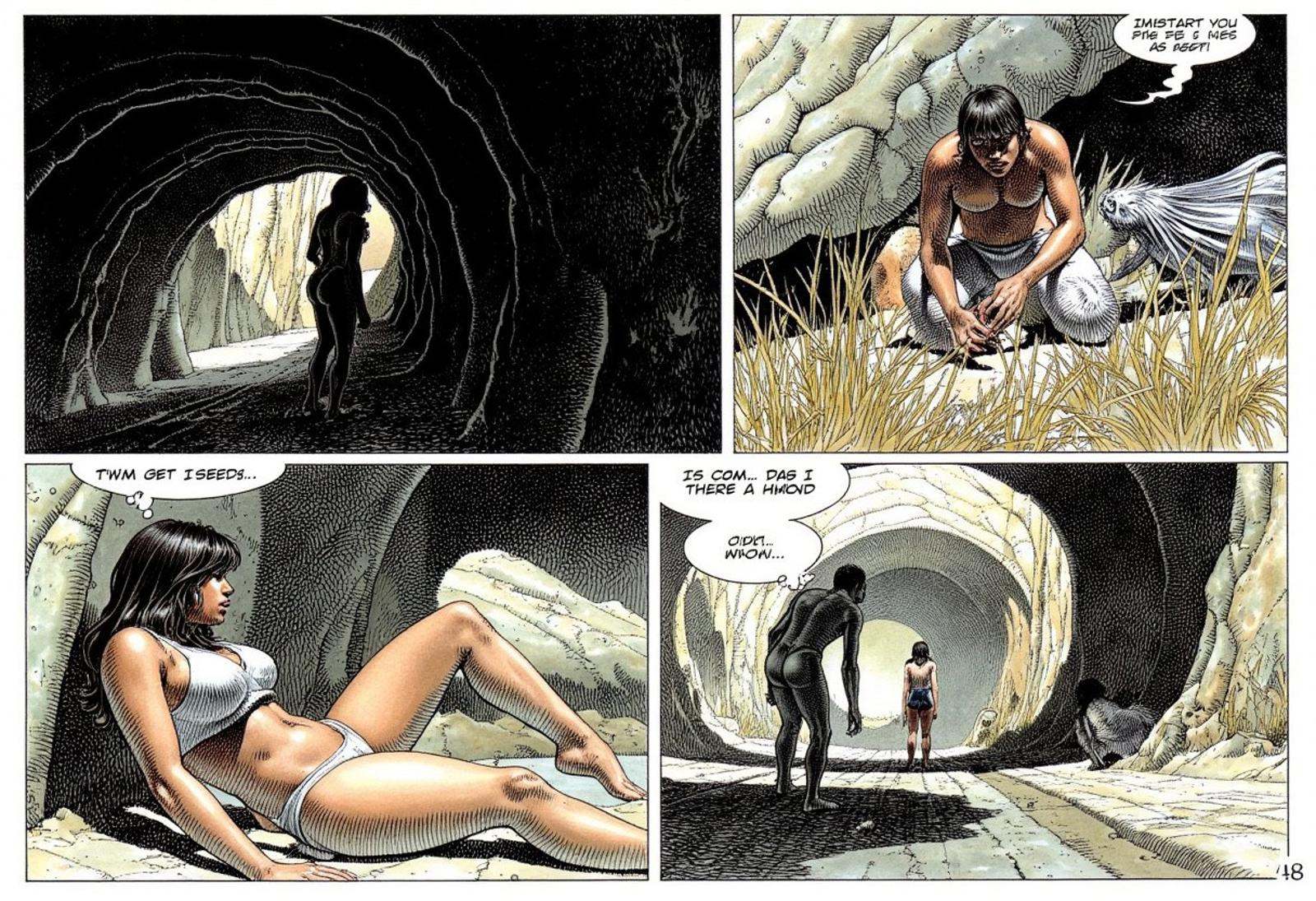 Comic panels illustrated by Serpieri,  dark,  muted colors on Tensor.Art