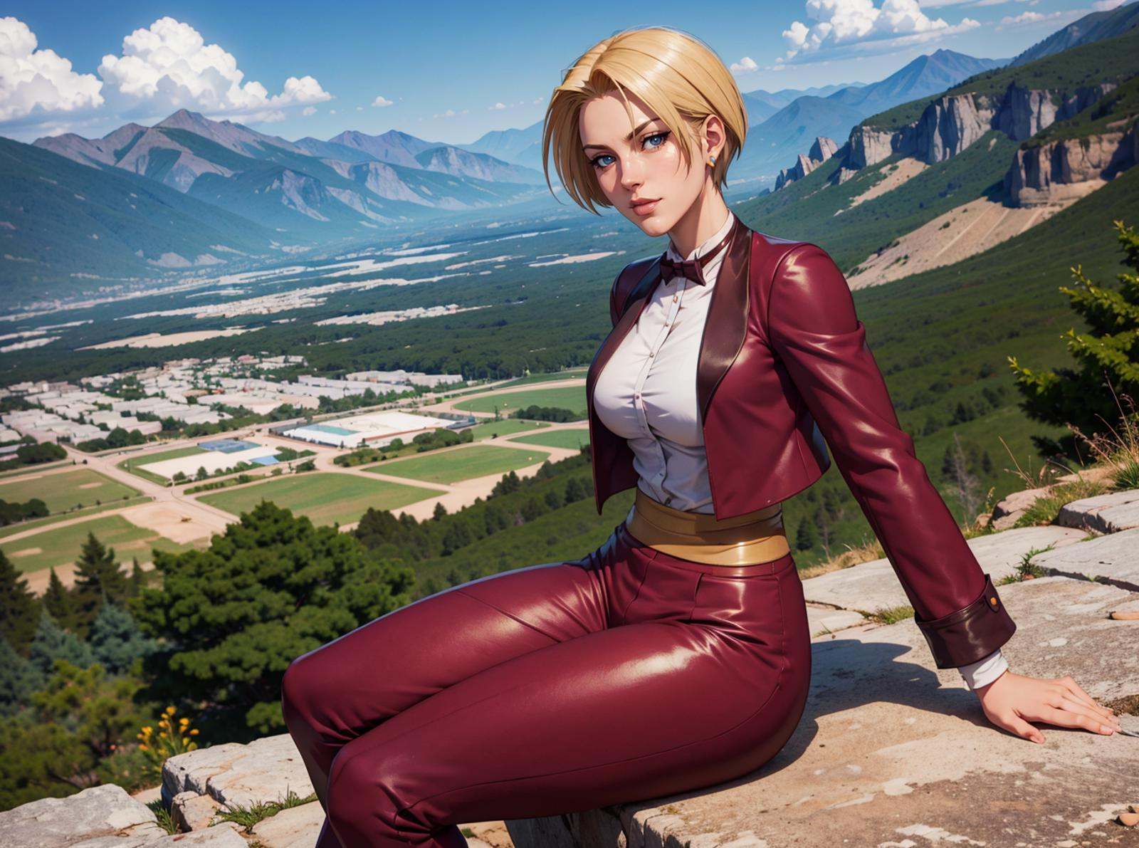 KOFKing girl wearing KOF2kOutfit,  best quality,  mountain on Tensor.Art
