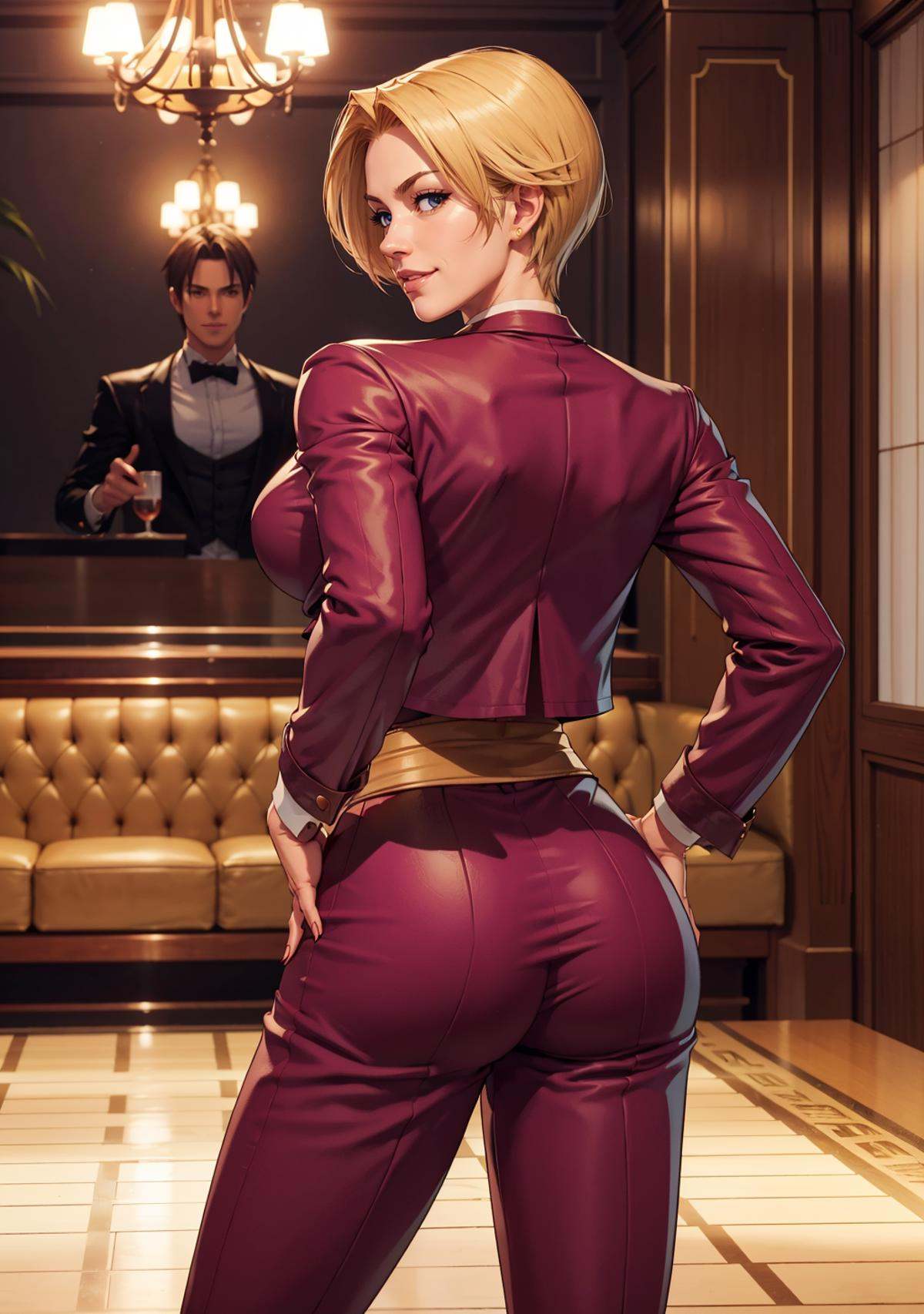 KOFKing girl wearing KOF2kOutfit,  best quality,  restaurant on Tensor.Art