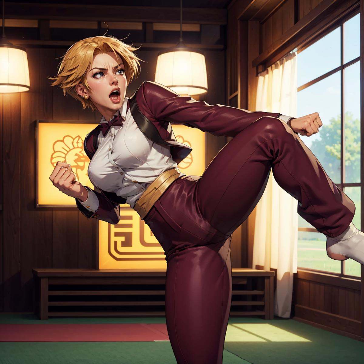 KOFKing girl wearing KOF2kOutfit kicking and yelling,  best quality,  dojo on Tensor.Art