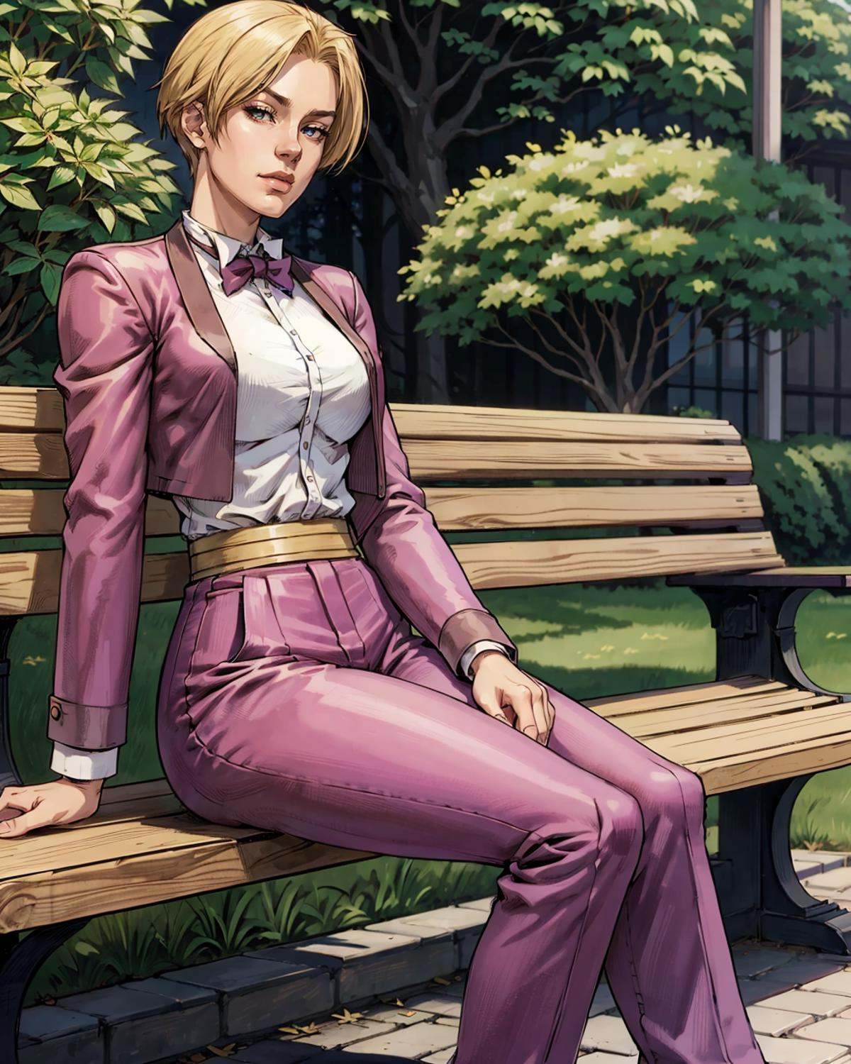 KOFKing girl wearing KOF2kOutfit,  sitting on bench,  best quality on Tensor.Art