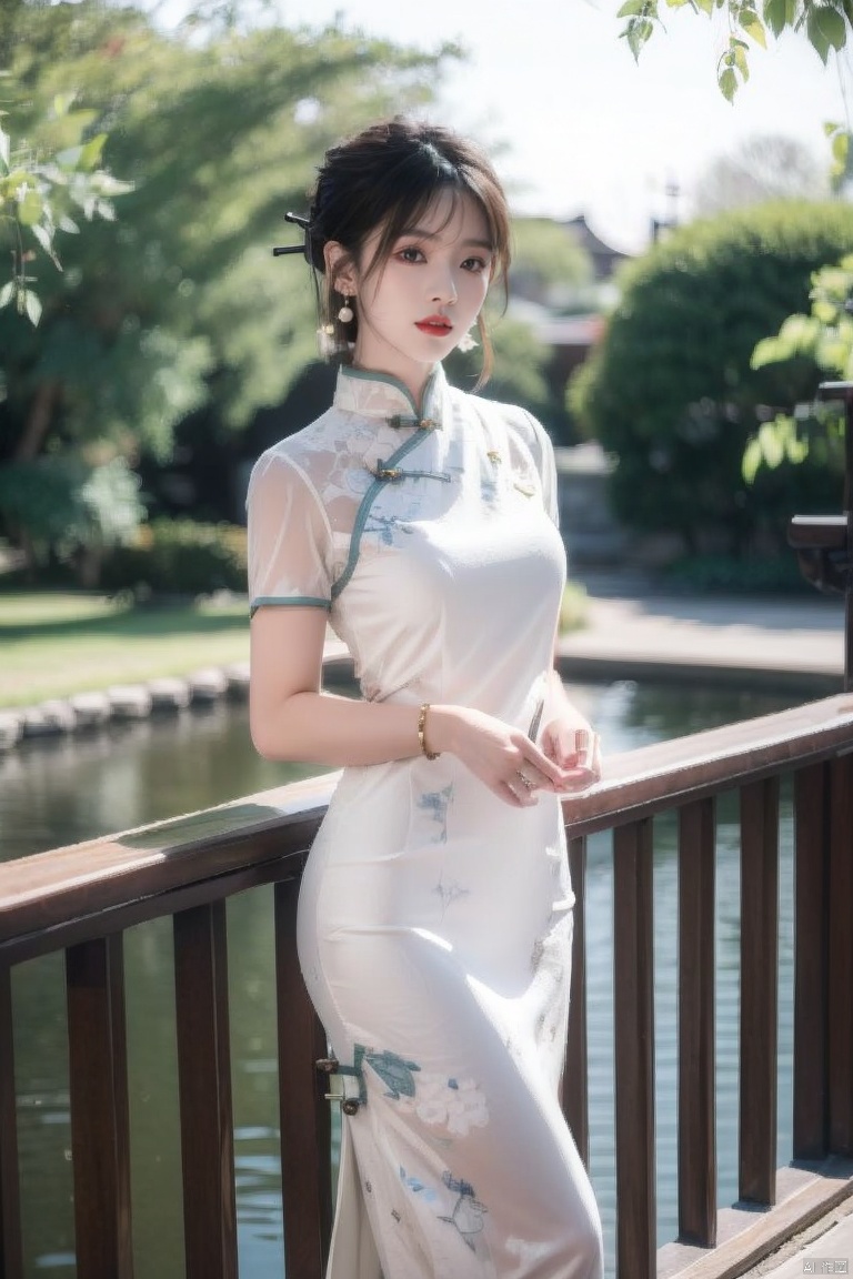  1girl, dress, solo, black hair, chinese clothes, jewelry, earrings, white dress, looking at viewer, china dress, arm behind back, hair bun, day, standing, red lips, tree, short sleeves, outdoors, blurry, bracelet, short hair, architecture, lips, long dress
,
Negative prompt:,(\ni hong\), 1 girl, ((poakl)),feet