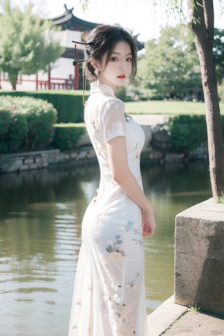  1girl, dress, solo, black hair, chinese clothes, jewelry, earrings, white dress, looking at viewer, china dress, arm behind back, hair bun, day, standing, red lips, tree, short sleeves, outdoors, blurry, bracelet, short hair, architecture, lips, long dress
,
Negative prompt:,(\ni hong\), 1 girl, ((poakl)),feet