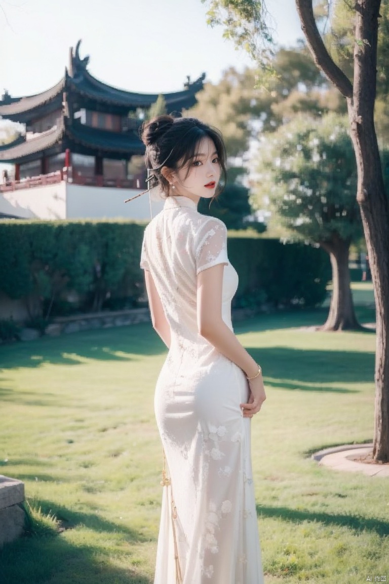  1girl, dress, solo, black hair, chinese clothes, jewelry, earrings, white dress, looking at viewer, china dress, arm behind back, hair bun, day, standing, red lips, tree, short sleeves, outdoors, blurry, bracelet, short hair, architecture, lips, long dress
,
Negative prompt:,(\ni hong\), 1 girl, ((poakl)),feet
