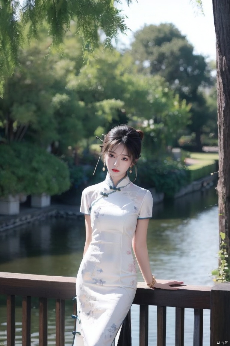  1girl, dress, solo, black hair, chinese clothes, jewelry, earrings, white dress, looking at viewer, china dress, arm behind back, hair bun, day, standing, red lips, tree, short sleeves, outdoors, blurry, bracelet, short hair, architecture, lips, long dress
,
Negative prompt:,(\ni hong\), 1 girl, ((poakl)),feet