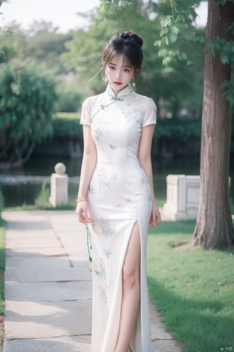  1girl, dress, solo, black hair, chinese clothes, jewelry, earrings, white dress, looking at viewer, china dress, arm behind back, hair bun, day, standing, red lips, tree, short sleeves, outdoors, blurry, bracelet, short hair, architecture, lips, long dress
,
Negative prompt:,(\ni hong\), 1 girl, ((poakl)),feet