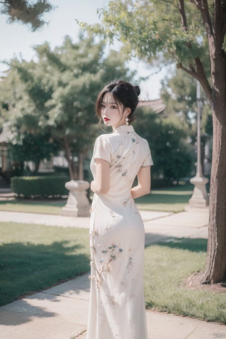  1girl, dress, solo, black hair, chinese clothes, jewelry, earrings, white dress, looking at viewer, china dress, arm behind back, hair bun, day, standing, red lips, tree, short sleeves, outdoors, blurry, bracelet, short hair, architecture, lips, long dress
,
Negative prompt:,(\ni hong\), 1 girl, ((poakl)),feet