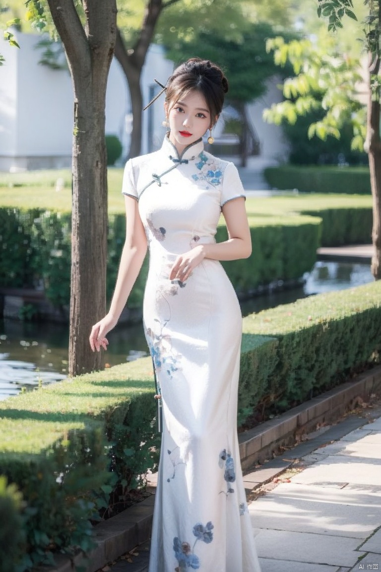  1girl, dress, solo, black hair, chinese clothes, jewelry, earrings, white dress, looking at viewer, china dress, arm behind back, hair bun, day, standing, red lips, tree, short sleeves, outdoors, blurry, bracelet, short hair, architecture, lips, long dress
,
Negative prompt:,(\ni hong\), 1 girl, ((poakl)),feet
