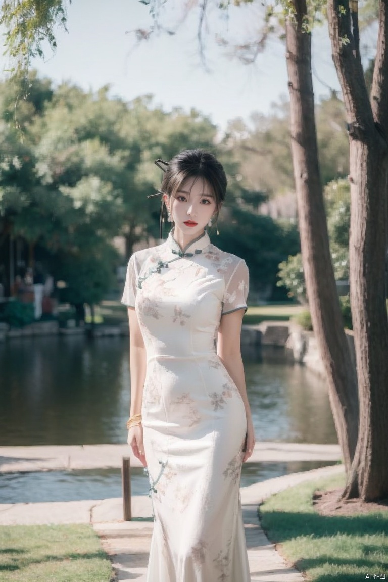  1girl, dress, solo, black hair, chinese clothes, jewelry, earrings, white dress, looking at viewer, china dress, arm behind back, hair bun, day, standing, red lips, tree, short sleeves, outdoors, blurry, bracelet, short hair, architecture, lips, long dress
,
Negative prompt:,(\ni hong\), 1 girl, ((poakl)),feet