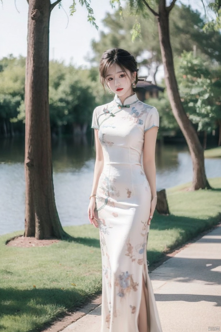  1girl, dress, solo, black hair, chinese clothes, jewelry, earrings, white dress, looking at viewer, china dress, arm behind back, hair bun, day, standing, red lips, tree, short sleeves, outdoors, blurry, bracelet, short hair, architecture, lips, long dress
,
Negative prompt:,(\ni hong\), 1 girl, ((poakl)),feet