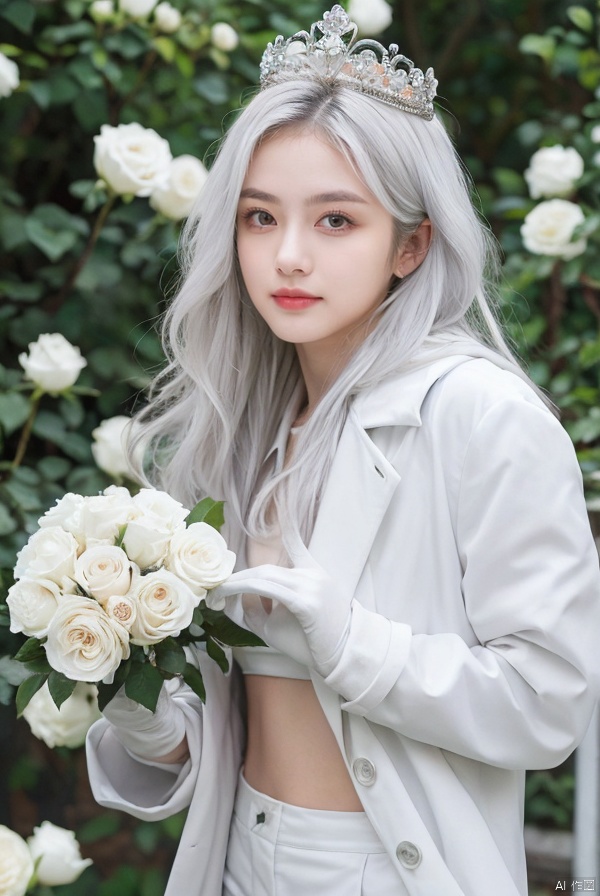 1girl, solo, long hair, looking at viewer, gloves, long sleeves,  holding, flower, white hair, shorts, black gloves, coat, grey eyes, rose, crown, white flower, white rose,Cold beauty