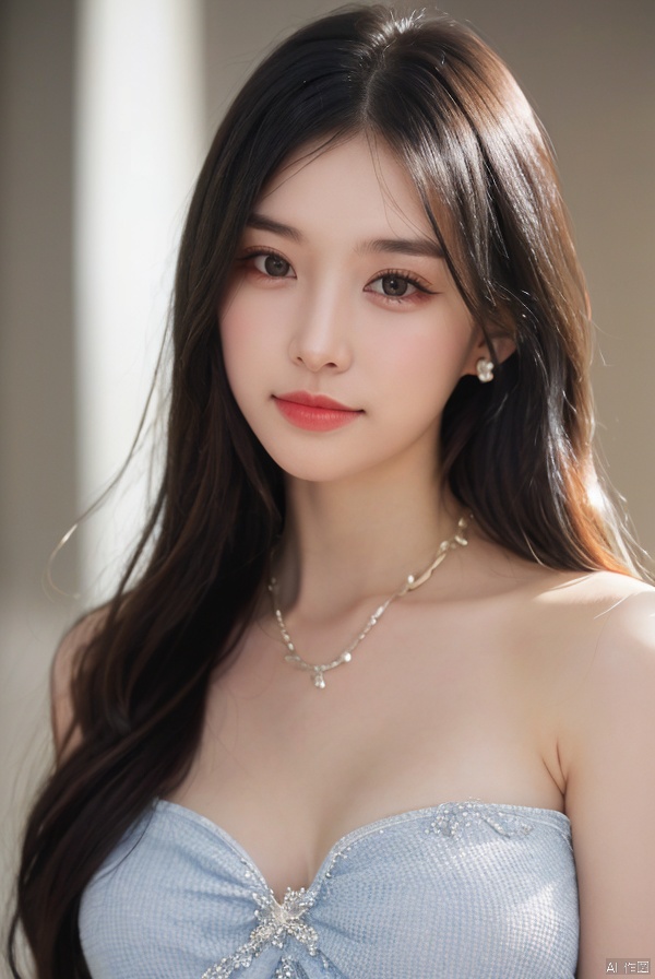  mzldress,a girl,solo,upper body,necklace and ear chain, sunlight, Black hair,realism,
