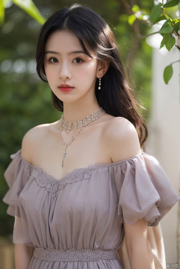  mzldress,a girl,solo,upper body,necklace and ear chain, sunlight, Black hair,realism,