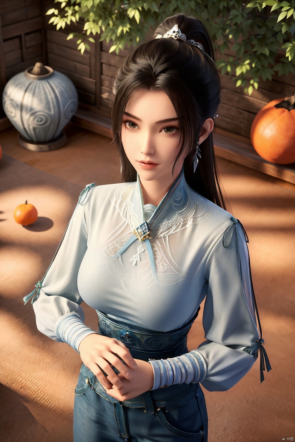 (masterpiece, best quality, highly detailed),1girl, jeans, long hair, , double bun, hair buns, long hair, , (big breasts:1.23),Xningyao,(Background of ancient Chinese tile-roofed courtyard and persimmon trees:1.29)