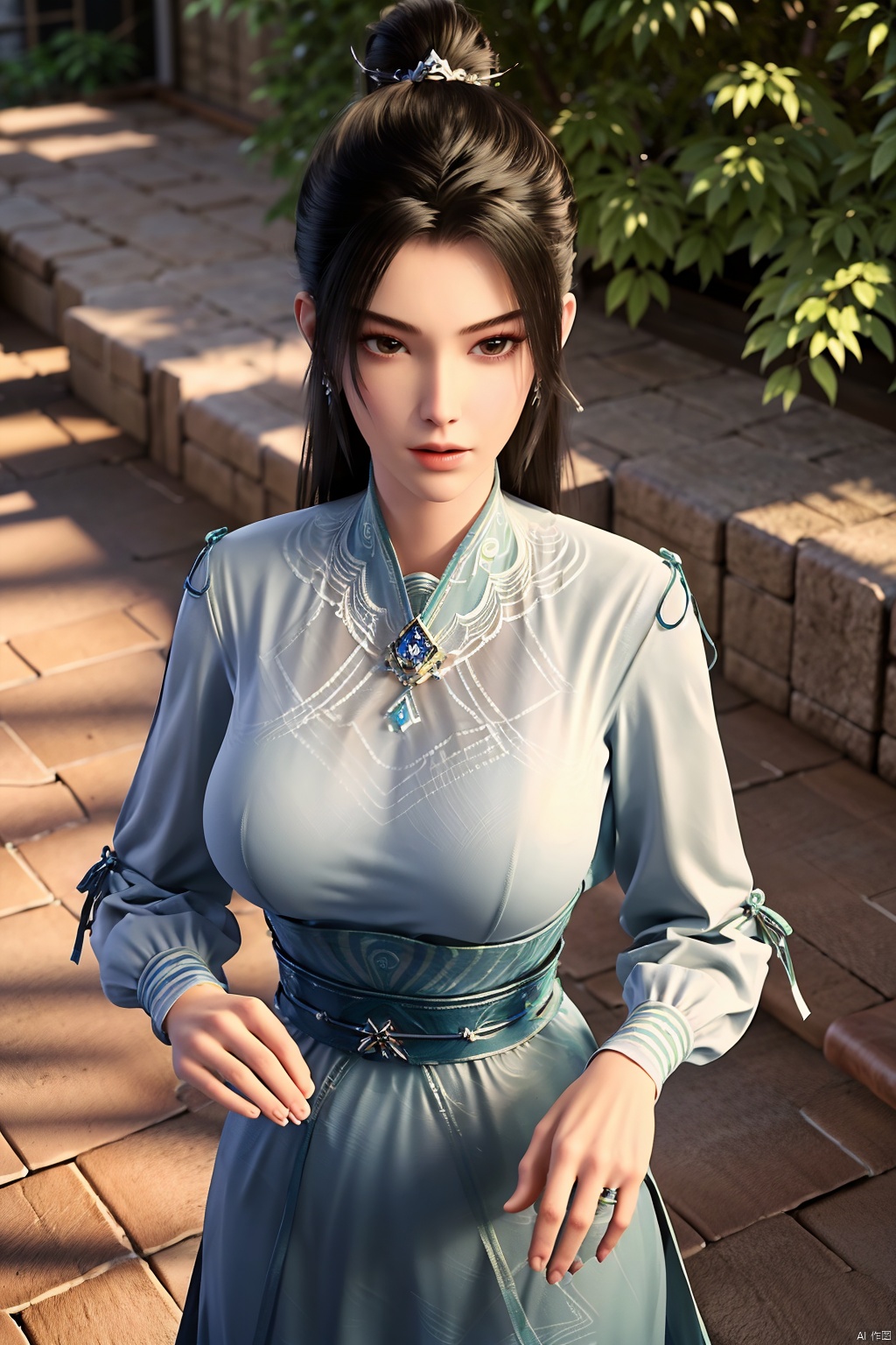 (masterpiece, best quality, highly detailed),1girl, jeans, long hair, , double bun, hair buns, long hair, , (big breasts:1.23),Xningyao,(Background of ancient Chinese tile-roofed courtyard and persimmon trees:1.29)