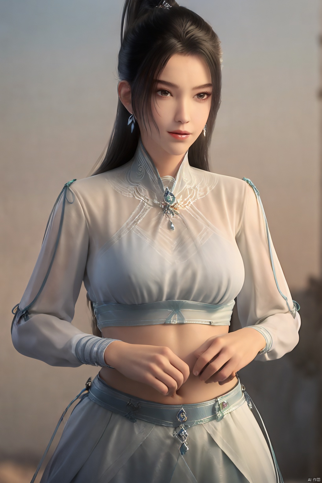 best quality, masterpiece, realistic,cowboy_shot,(Good structure), DSLR Quality,Depth of field,kind smile,looking_at_viewer,Dynamic pose, 1girl, solo, long hair, , looking at viewer, skirt, hair ornament, bare shoulders, jewelry, , earrings, outdoors, midriff, water, necklace, lips, crop top, ocean, white skirt, strapless vest, sunset, sun, , ,,ningyao, ponytail,Xningyao