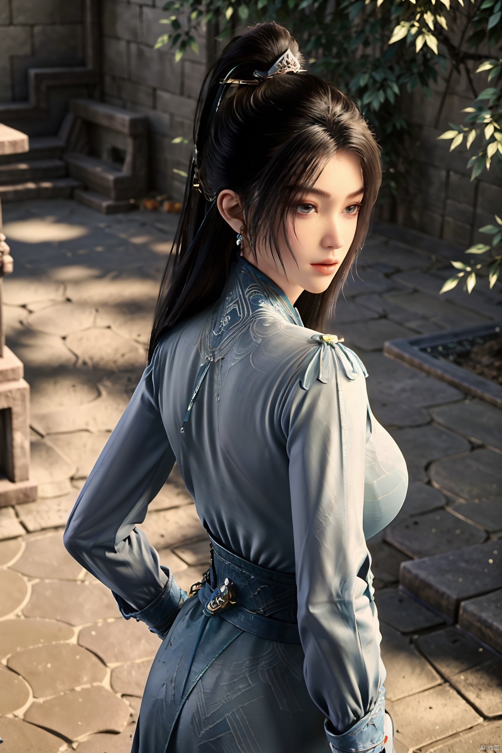 (masterpiece, best quality, highly detailed),1girl, jeans, long hair, , double bun, hair buns, long hair, , (big breasts:1.23),Xningyao,(Background of ancient Chinese tile-roofed courtyard and persimmon trees:1.29)
