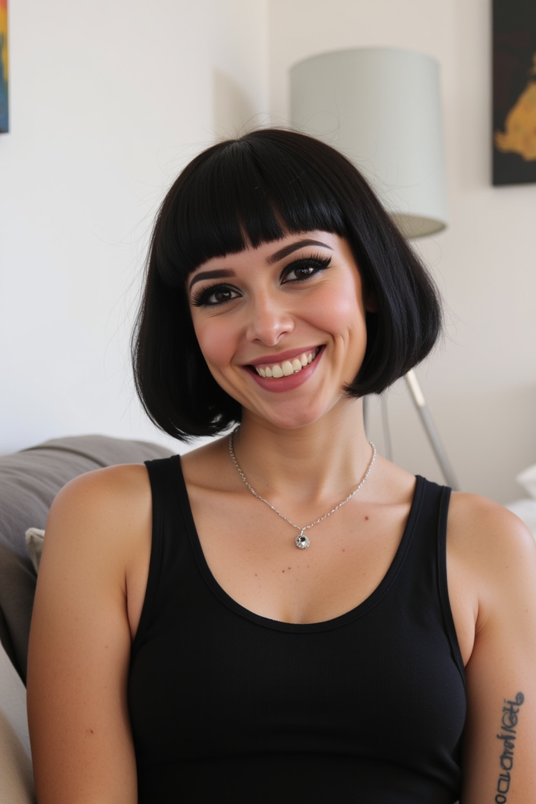 Young woman in black **** top,  black bob haircut,  dark eye makeup on Tensor.Art