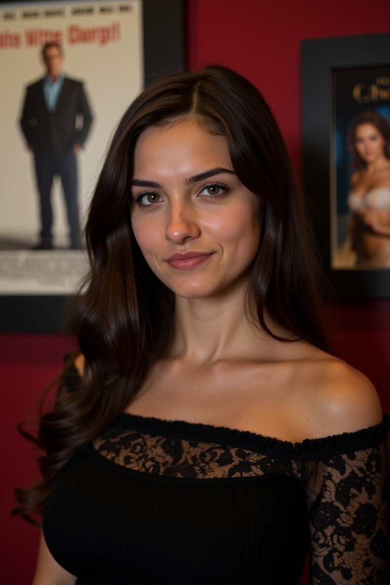A young woman stands confidently against a movie poster backdrop,  her gaze directed straight at the camera,  exuding an a...