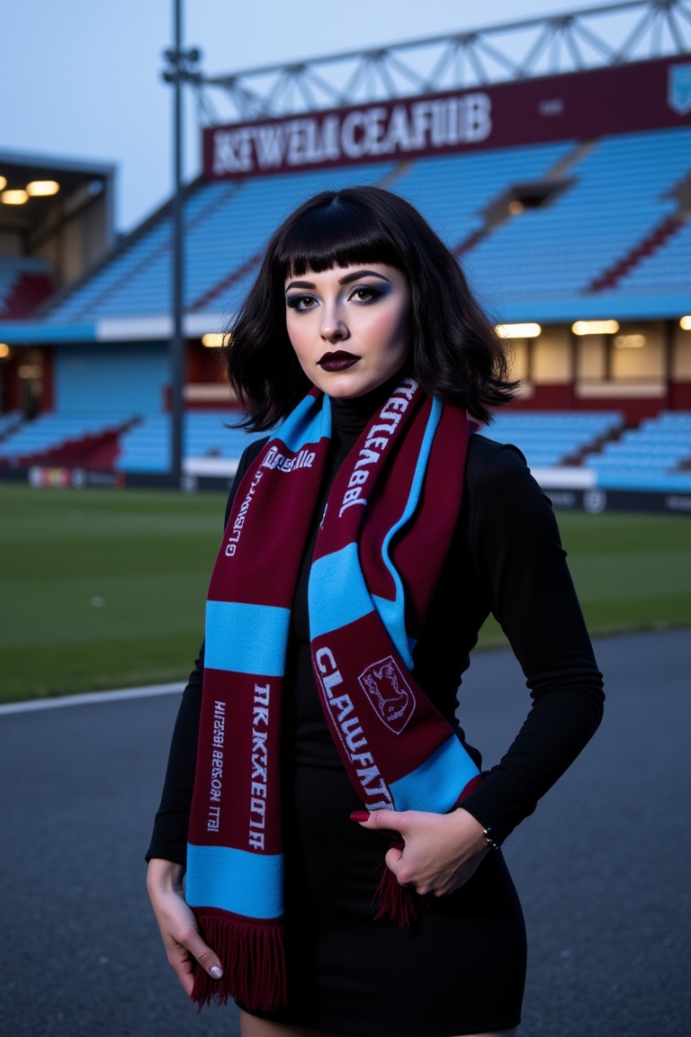 A stunning woman with dark hair and striking goth makeup is standing outside Villa Park,  the home of Aston Villa Football...
